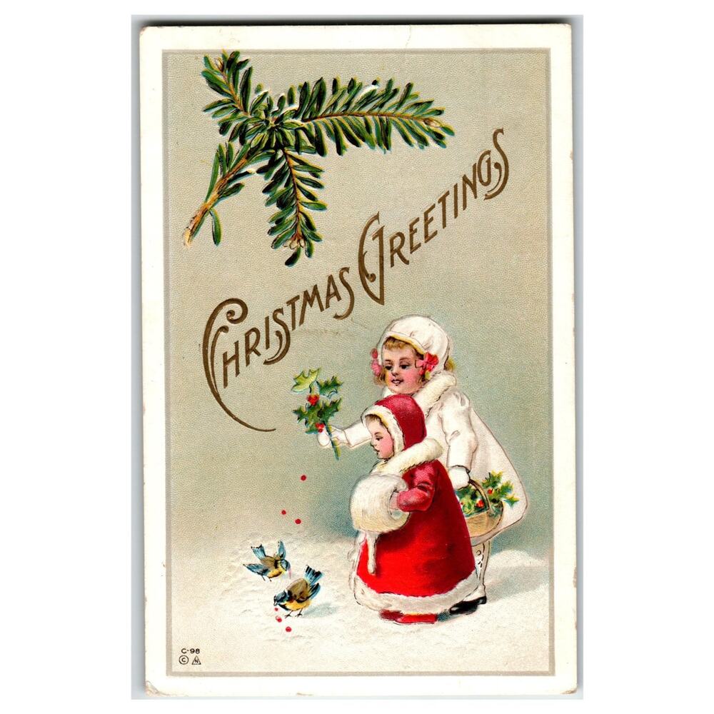 Christmas Greetings Children Girl Muff Feeding Birds Holly Embossed Postcard
